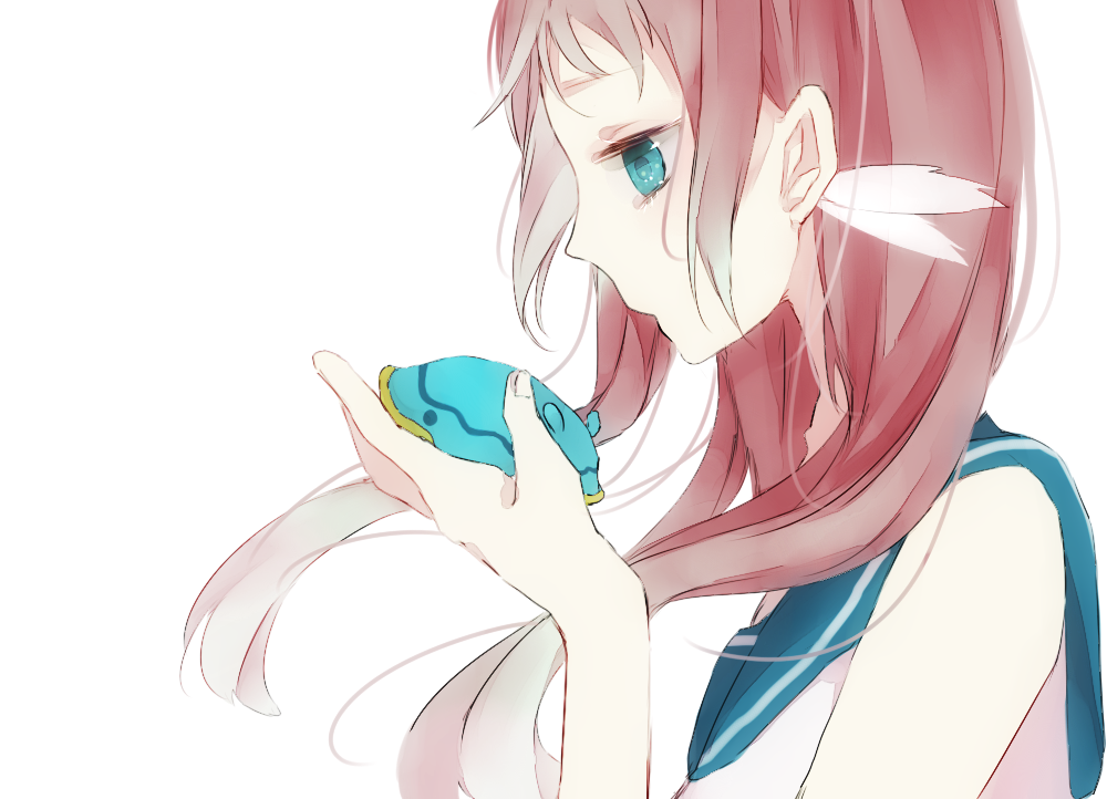1girl blue_eyes blue_sailor_collar brown_hair hand_up long_hair looking_at_animal mukaido_manaka nagi_no_asukara profile ru-15 sailor_collar sea_slug solo upper_body