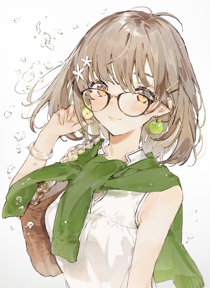 1girl apple apple_earrings bangle bare_arms beads black-framed_eyewear blush bracelet breasts brown_eyes choppy_bangs closed_mouth earrings fingernails flower food food-themed_earrings food_themed_earrings fruit gem glasses green_apple green_sweater hair_flower hair_ornament hairclip horiizumi_inko jewelry light_brown_hair medium_breasts medium_hair nail_polish original pearl_(gemstone) shirt sleeveless sleeveless_shirt smile solo sweater tied_sweater two-tone_eyewear upper_body water_drop white_flower white_shirt yellow-framed_eyewear yellow_nails