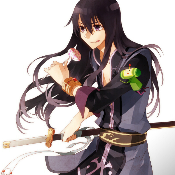 00s 1boy :p bad_id bad_pixiv_id black_eyes black_hair bracelet candy company_connection food jewelry katamari_damacy lollipop long_hair male_focus sword tales_of_(series) tales_of_vesperia the_prince three_plates tongue tongue_out weapon white_background yuri_lowell
