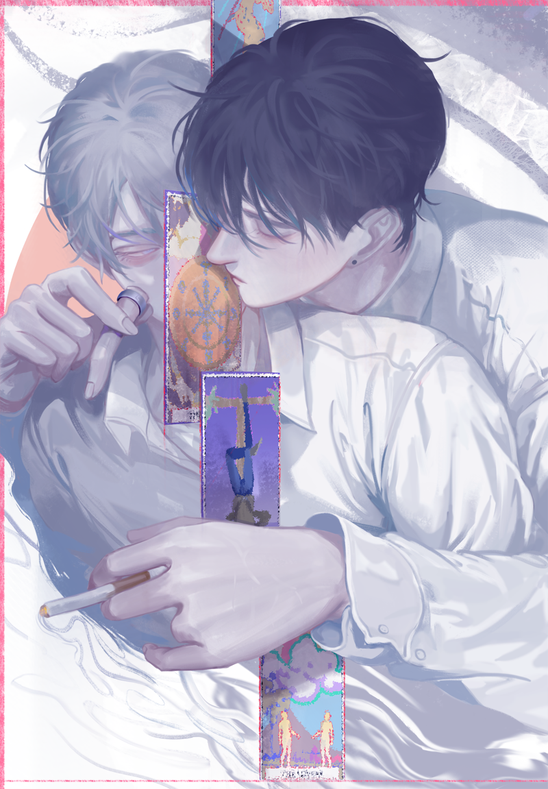 2boys between_fingers black_hair buttons card chinese_commentary cigarette closed_eyes collared_shirt commentary_request covered_mouth dec05electric99 earrings fingernails grey_hair holding holding_cigarette holding_finger hug hug_from_behind jewelry kiss kissing_cheek long_sleeves looking_at_another male_focus missing_finger multiple_boys original ring shirt short_hair simple_background smoke stud_earrings tarot tarot_card the_hanged_man_(tarot) thick_eyebrows upper_body wheel_of_fortune_(tarot) white_background white_eyes white_shirt white_sleeves yaoi