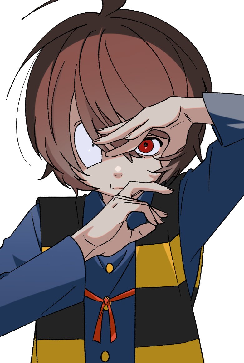 1boy 1other antenna_hair black_vest blue_shirt brown_hair colored_sclera gegege_no_kitarou kitarou looking_at_viewer male_focus medama_oyaji motu0505 red_sclera shirt short_hair simple_background solo straight-on striped_clothes striped_vest two-tone_vest vest white_background yellow_vest