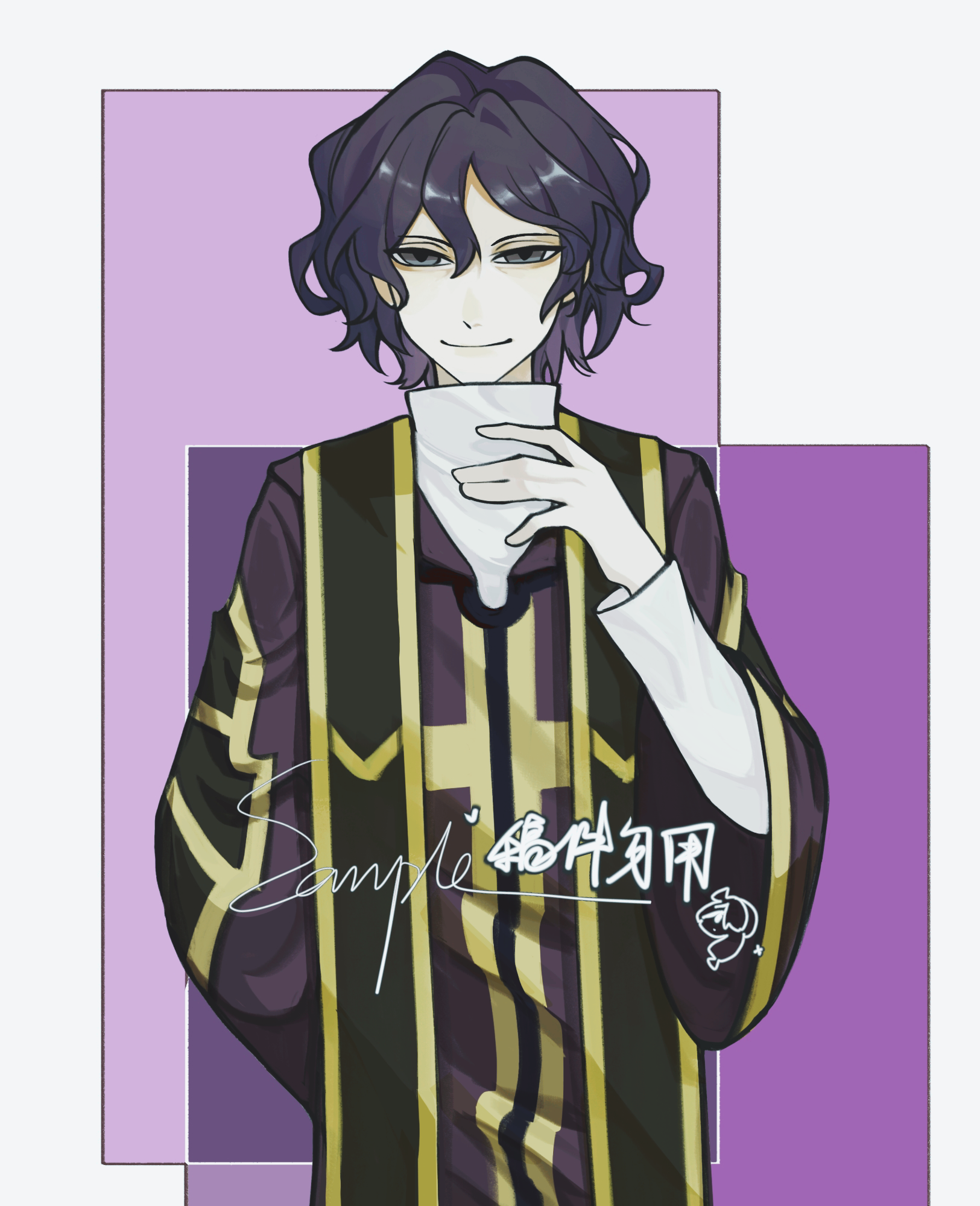 1boy abstract_background arm_behind_back black_eyes black_hair chinese_commentary closed_mouth coat commentary_request commission eeeeilot gold_trim hair_between_eyes hand_up highres hood hood_down hooded_coat long_sleeves looking_at_viewer male_focus purple_coat saibou_shinkyoku sample_watermark shirt short_hair smile solo stole upper_body utsugi_noriyuki watermark white_shirt wide_sleeves