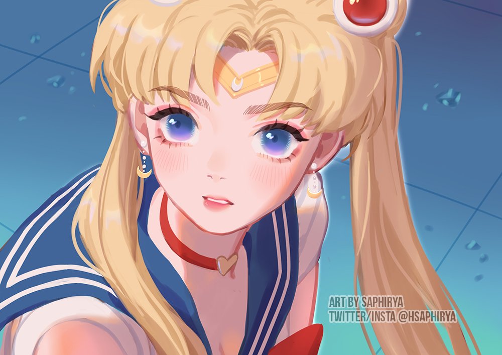 1girl artist_name bishoujo_senshi_sailor_moon black_eyeliner blue_eyes blue_sailor_collar blush choker circlet close-up commentary crescent crescent_earrings derivative_work double_bun earrings english_commentary eyeliner eyeshadow hair_bun jewelry magical_girl makeup meme on_ground parted_bangs parted_lips red_choker red_eyeshadow sailor_collar sailor_moon sailor_moon_redraw_challenge_(meme) sailor_senshi_uniform saphirya screenshot_redraw solo symbol-only_commentary tsukino_usagi twitter_username