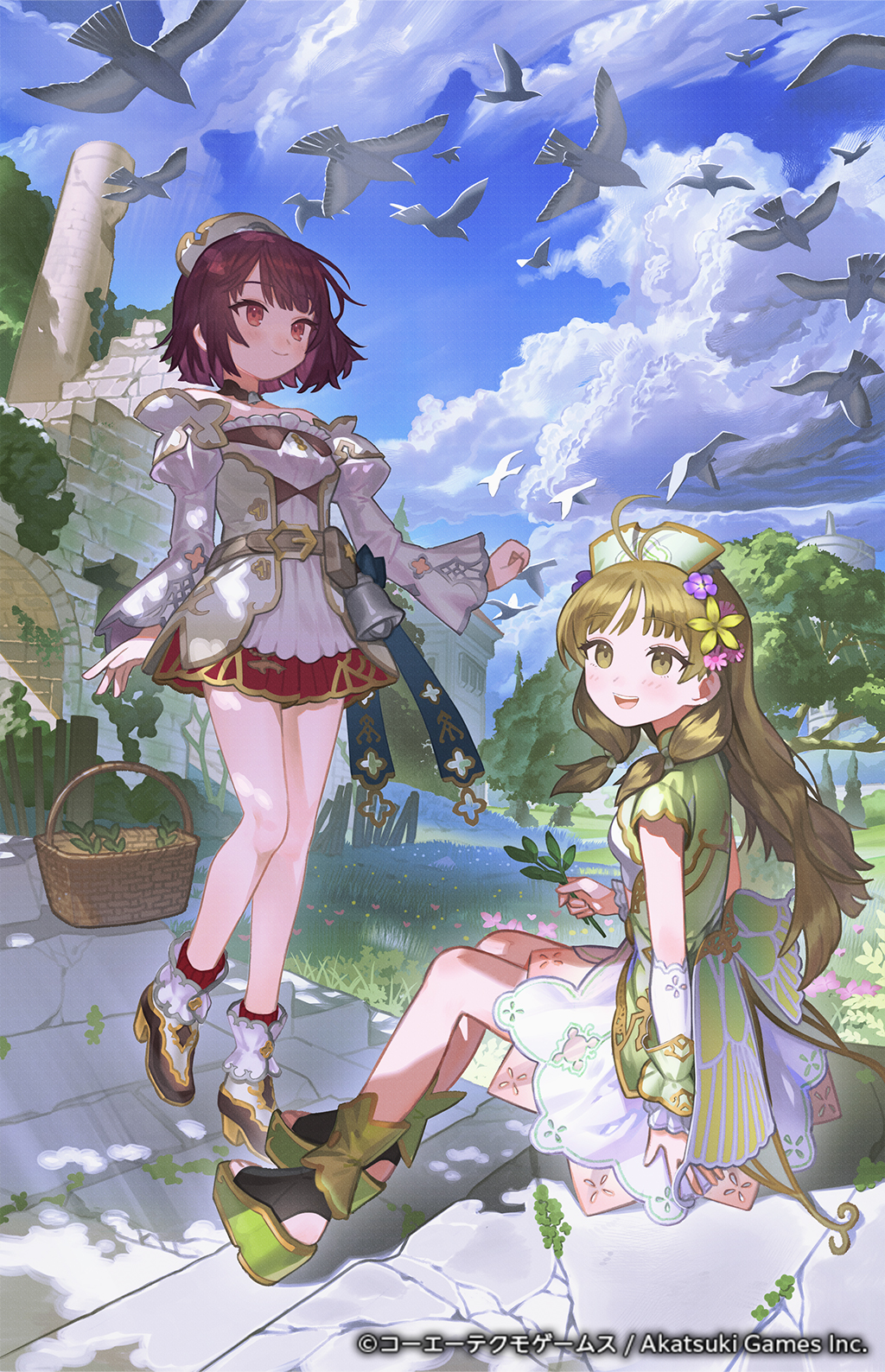 2girls :d ahoge aspara atelier_(series) atelier_ayesha atelier_resleriana atelier_sophie ayesha_altugle ayesha_altugle_(twilight_fairy) basket bell bird brown_hair building cloud commentary_request day dress flock flower full_body grass green_footwear green_shirt hair_flower hair_ornament hat highres holding holding_plant juliet_sleeves long_hair long_sleeves looking_at_viewer multiple_girls official_alternate_costume official_art open_mouth outdoors plant platform_footwear puffy_sleeves red_eyes red_hair sandals second-party_source shirt short_hair sitting sky smile sophie_neuenmuller sophie_neuenmuller_(pure_angel) standing tower tree white_dress