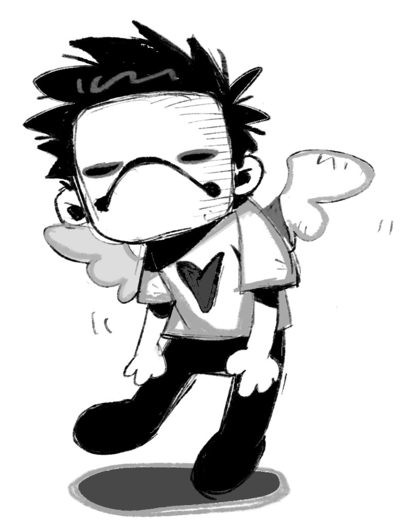 1boy angel_wings closed_eyes cud207 full_body greyscale heart male_focus mask monochrome off_(game) pants print_shirt shadow shirt short_hair short_sleeves simple_background solo standing standing_on_one_leg t-shirt white_background wings zacharie_(off)