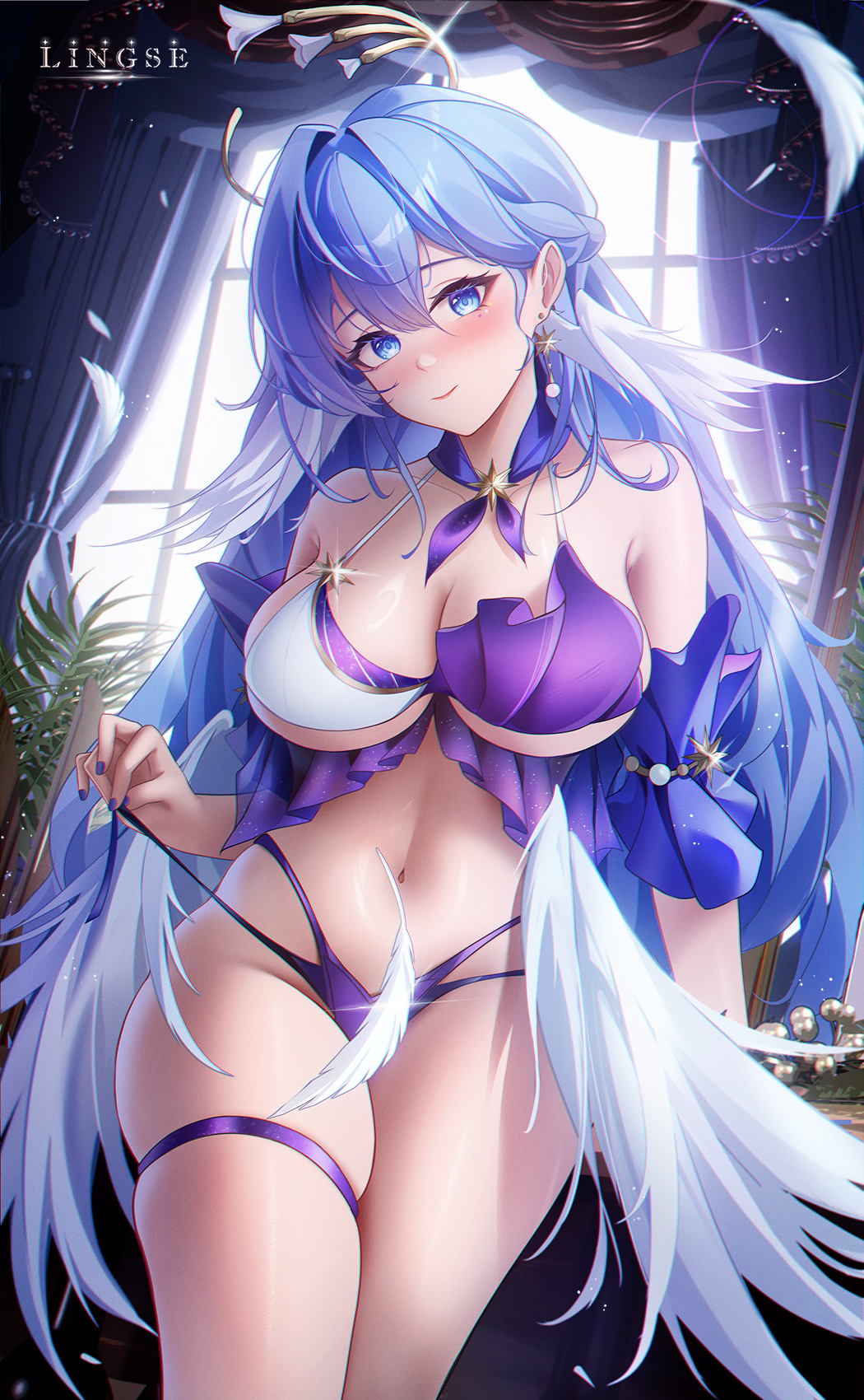 1girl adapted_costume armpit_crease artist_name bare_shoulders bikini blue_eyes blush breasts cleavage closed_mouth collar collarbone commentary cowboy_shot detached_sleeves earrings hair_between_eyes halo head_wings highres honkai:_star_rail honkai_(series) indoors jewel_under_eye jewelry large_breasts ling_dianxia long_hair looking_at_viewer low_wings navel paid_reward_available purple_bikini purple_collar purple_hair purple_sleeves robin_(honkai:_star_rail) skindentation smile solo stomach swimsuit thigh_strap underboob very_long_hair wings
