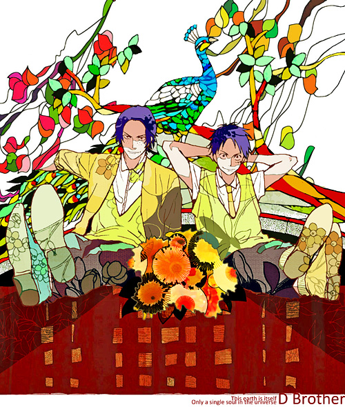 2boys arms_behind_head bird black_hair blue_footwear brother brothers flower footrest freckles crossed_legs male_focus monkey_d._luffy multiple_boys necktie one_piece pants peacock portgas_d._ace scar shoes siblings sitting sweater_vest vest yellow_footwear