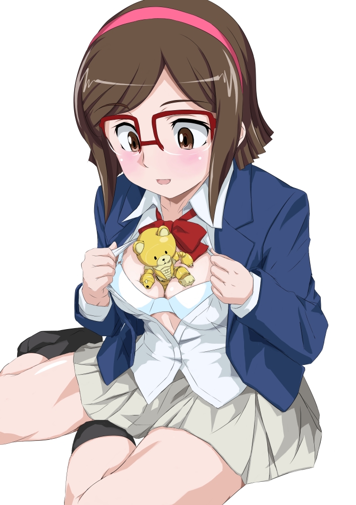 1girl beargguy_iii blush bra breasts brown_eyes brown_hair denji_saboten female_focus glasses gundam gundam_build_fighters hairband kousaka_china open_mouth over-rim_eyewear pleated_skirt red-framed_eyewear school_uniform semi-rimless_eyewear short_hair simple_background skirt smile solo spread_legs underwear white_background
