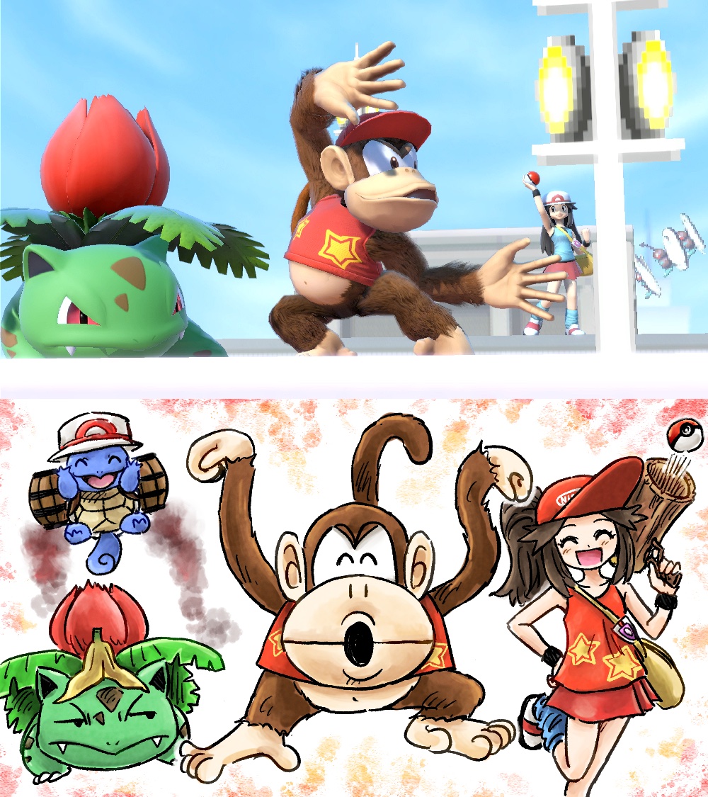 1girl alternate_color animal_ears banana_peel barrel baseball_cap brown_hair butterfree cosplay diddy_kong diddy_kong_(cosplay) donkey_kong_(series) game_screenshot_inset gen_1_pokemon gun hand_in_own_hair hat holding holding_gun holding_poke_ball holding_weapon ivysaur kicdon leaf_(pokemon) mankey monkey_ears monkey_tail nintendo poke_ball poke_ball_(basic) pokemon pokemon_frlg red_shirt shirt sleeveless sleeveless_shirt squirtle star_(symbol) super_smash_bros. tail vs_seeker weapon