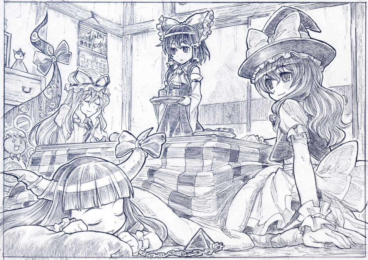 5girls :3 annoyed arm_support ascot blue_theme bow calendar_(object) chen chen_(cat) detached_sleeves female_focus gap_(touhou) gipple graphite_(medium) hair_bow hair_tubes hakurei_reimu hat hat_bow head_rest horn_ornament horn_ribbon horns ibuki_suika indoors kirisame_marisa kotatsu monochrome morichika_rinnosuke multiple_girls o_o ribbon sakino_shingetsu sitting skirt sleeping smile table tea touhou traditional_media tray witch_hat yakumo_yukari