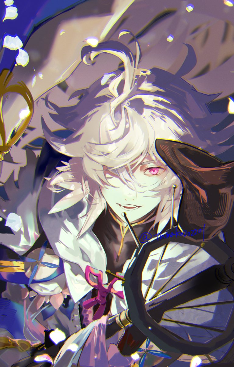 1boy fate/grand_order fate_(series) flower flower_knot hair_between_eyes hanako_(onikutabetaiyo) highres holding holding_staff hood hooded_robe long_hair long_sleeves looking_at_viewer male_focus merlin_(fate) petals purple_eyes robe smile solo staff white_hair white_robe