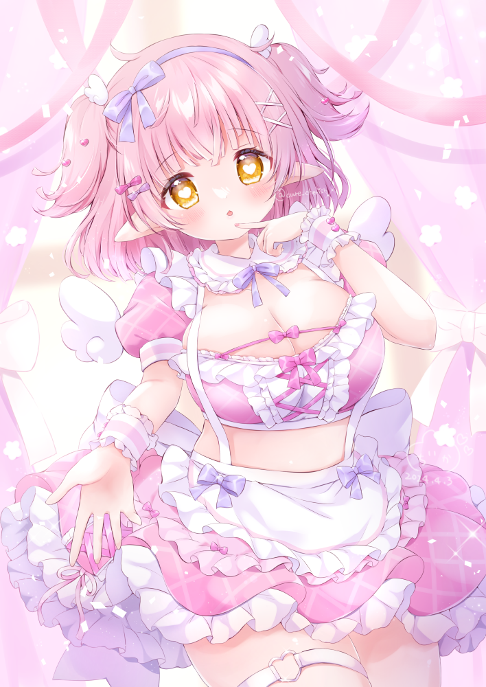 1girl apron blush bow bow_hair_ornament breasts chiika_(cure_cherish) cleavage commission crop_top frilled_apron frilled_skirt frills hair_ornament hairband heart heart-shaped_pupils heart_hair_ornament heart_o-ring large_breasts looking_at_viewer o-ring original pink_hair pink_skirt plaid pointy_ears puffy_short_sleeves puffy_sleeves short_sleeves skeb_commission skirt solo symbol-shaped_pupils thigh_strap two_side_up waist_apron white_apron wings wrist_cuffs x_hair_ornament yellow_eyes yume_kawaii