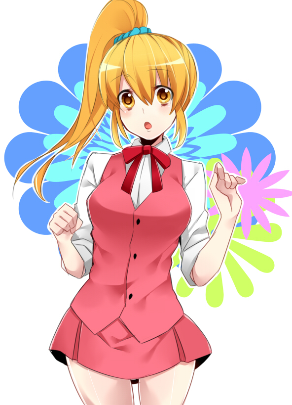 1girl blonde_hair blush buttons collared_shirt female_focus flower long_hair looking_at_viewer mi_(liki1020) misao open_mouth outline ponytail red_ribbon ribbon saotome_(misao) school_uniform shadow shiny_skin shirt sidelocks simple_background skirt solo vest white_background white_outline yellow_eyes