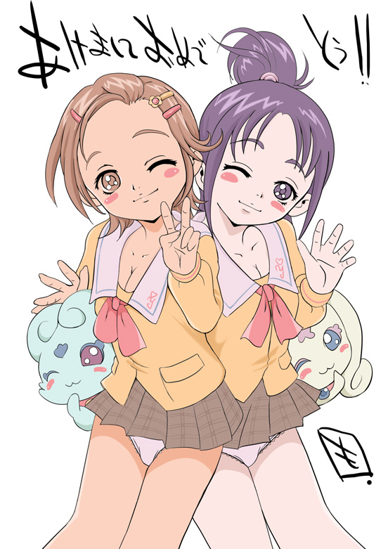 00s 2girls choppy flappy futari_wa_precure_splash_star hyuuga_saki lace lace-trimmed_panties lace_trim long_sleeves mishou_mai multiple_girls one_eye_closed panties precure school_uniform standing underwear v white_panties wink yuunagi_middle_school_uniform