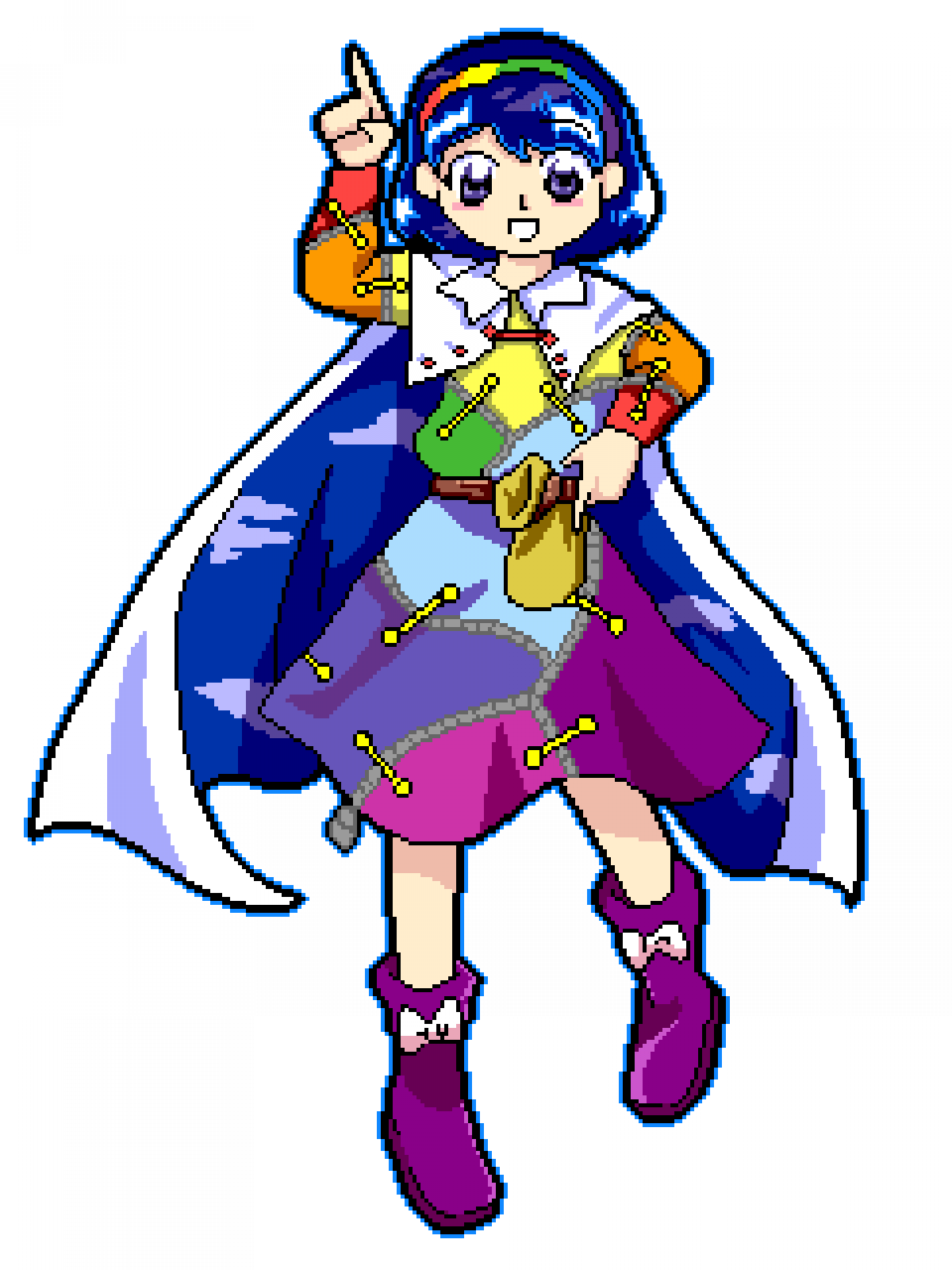 1girl bad_id bad_twitter_id belt blue_cape blue_hair blue_outline blush_stickers boots bow brown_belt cape cloud_print collared_cape commentary commission dress english_commentary footwear_bow full_body glowing hairband hand_on_own_hip highres long_sleeves looking_at_viewer luo_qiangwei medium_dress multicolored_dress multicolored_hairband open_mouth outline parody patchwork_clothes pc-98_(style) pixel_art pointing pointing_up purple_boots purple_eyes rainbow_gradient sack short_hair sky_print smile solo sparkle style_parody tenkyuu_chimata touhou transparent_background two-sided_cape two-sided_fabric white_bow white_cape