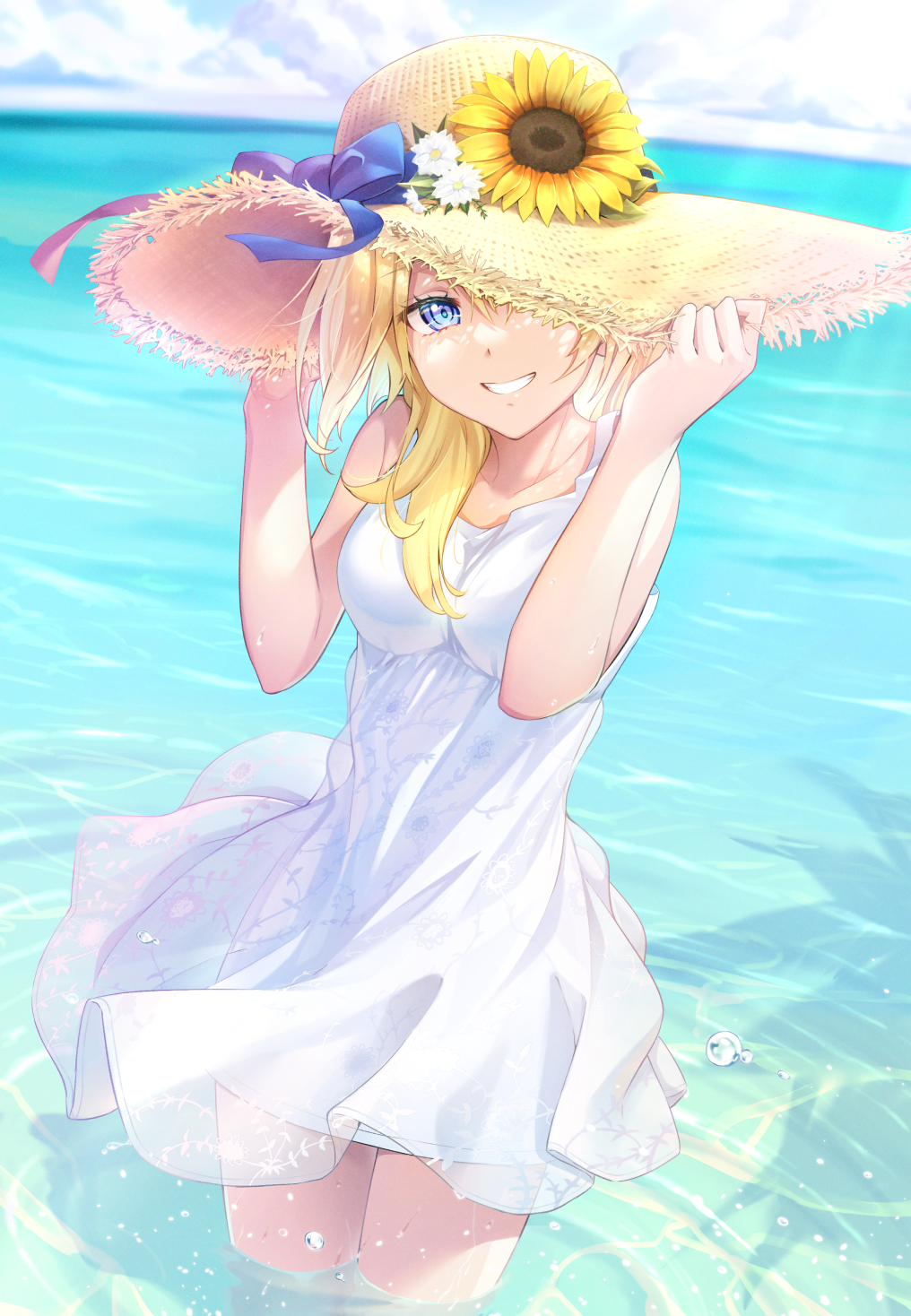 1girl beach blonde_hair blue_eyes bow dress flower gogo_(detteiu_de) hat hat_bow hat_flower hat_over_one_eye highres kingdom_hearts kingdom_hearts:_chain_of_memories light_rays namine ocean one_eye_covered partially_submerged sleeveless sleeveless_dress smile solo standing straw_hat white_dress