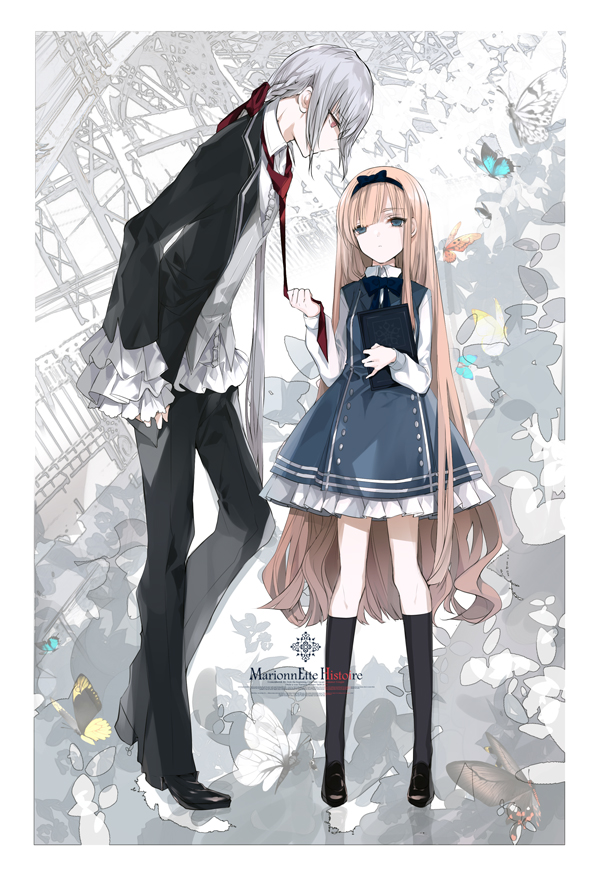 1boy 1girl alice_(alice_in_wonderland) alice&#039;s_adventures_in_wonderland black_footwear black_hairband blonde_hair blue_bow blue_bowtie blue_eyes book bow bowtie bug butterfly cierra_(ra-bit) collared_shirt dress frilled_dress frills grey_hair hairband holding holding_book holding_necktie insect kneehighs long_hair marionnette_histoire original pink_eyes shirt socks very_long_hair white_shirt