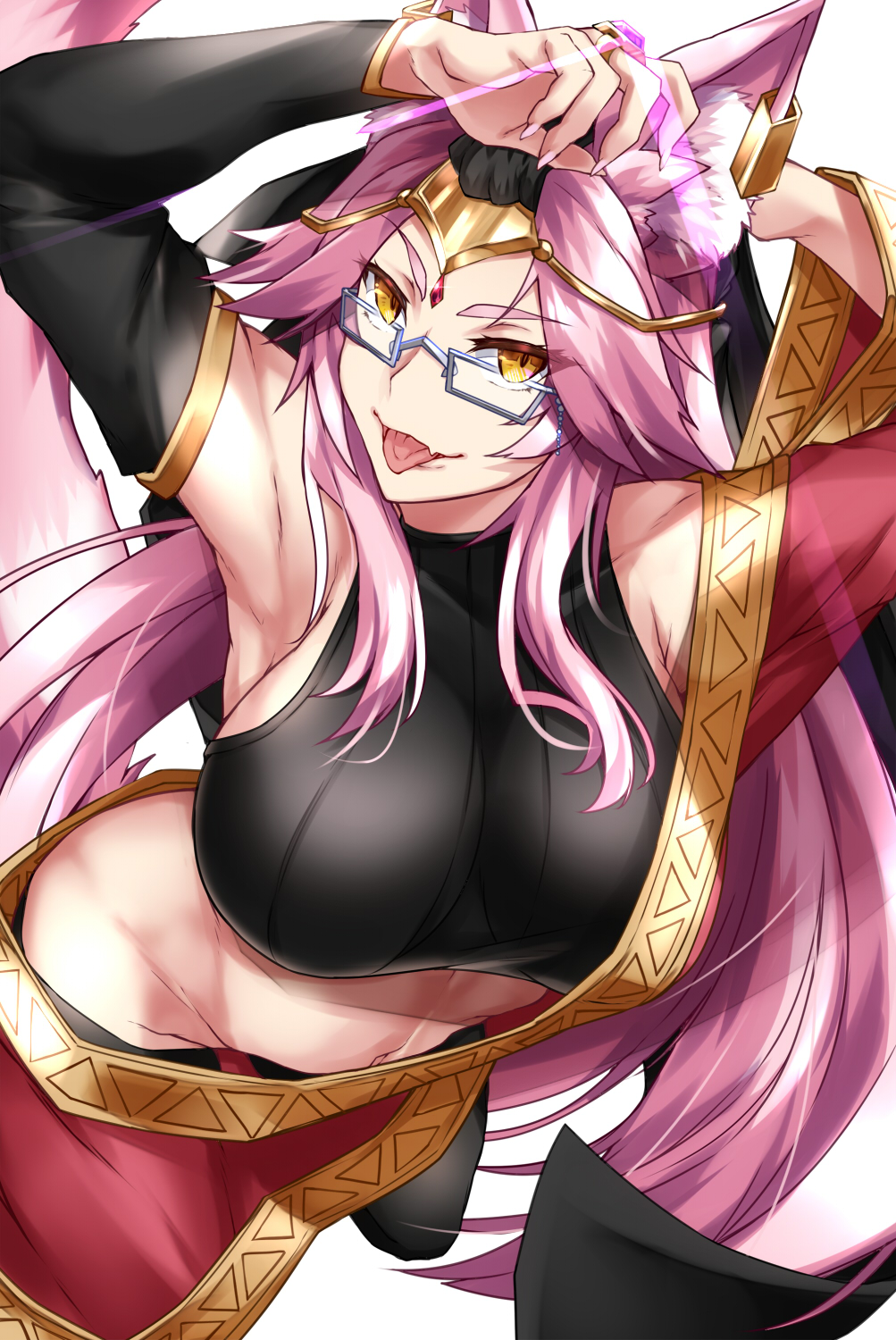 1girl :p animal_ears armpits arms_up breasts commentary_request detached_sleeves ear_ornament fate/grand_order fate_(series) female_focus fox_ears glasses groin highres indian_clothes koyanskaya_(fate) koyanskaya_(indian_lostbelt_outfit)_(fate) large_breasts long_hair looking_at_viewer midriff nail_polish navel pink_hair pink_nails shimeno_puni smile solo tamamo_(fate) tongue tongue_out very_long_hair yellow_eyes