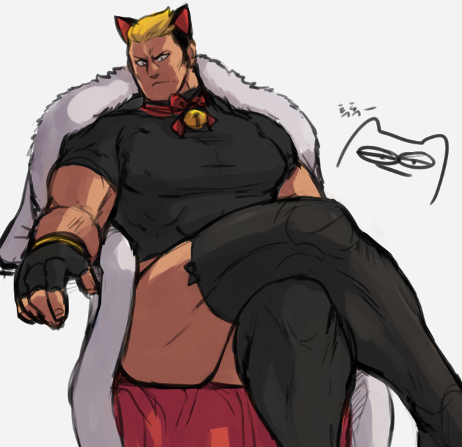 1boy animal_ears bara bell black_leggings blonde_hair bracelet breasts cat_ears coat confused crossed_legs fingerless_gloves fur-trimmed_coat fur_trim gloves gluteal_fold gold_bracelet hair_slicked_back jingle_bell large_breasts large_pectorals leggings male_focus muscular muscular_male nyaattoberritto pectorals red_ribbon ribbon sitting tan the_king_of_fighters thick_thighs thighhighs thighs white_background yamazaki_ryuuji