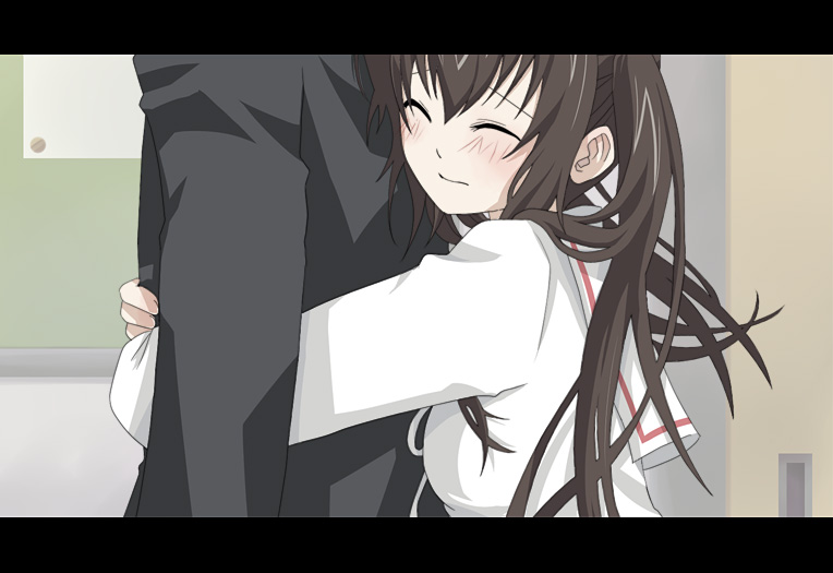 1boy 1girl black_hair blush closed_eyes fujioka_(minami-ke) hetero hug hug_from_behind kintaro letterboxed long_hair minami-ke minami_kana school_uniform twintails