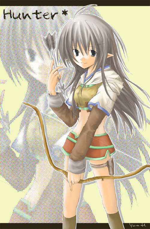 1girl 2000s_(style) ahoge arrow_(projectile) bow_(weapon) breasts brown_shirt brown_skirt character_name closed_mouth commentary_request cropped_jacket feet_out_of_frame grey_eyes grey_hair holding holding_arrow holding_bow_(weapon) holding_weapon hunter_(ragnarok_online) jacket layered_sleeves long_hair long_sleeves looking_at_viewer midriff miniskirt pointy_ears ragnarok_online shirt short_over_long_sleeves short_sleeves skirt small_breasts smile solo standing weapon white_jacket yellow_background yuina_(yuina_h) zoom_layer