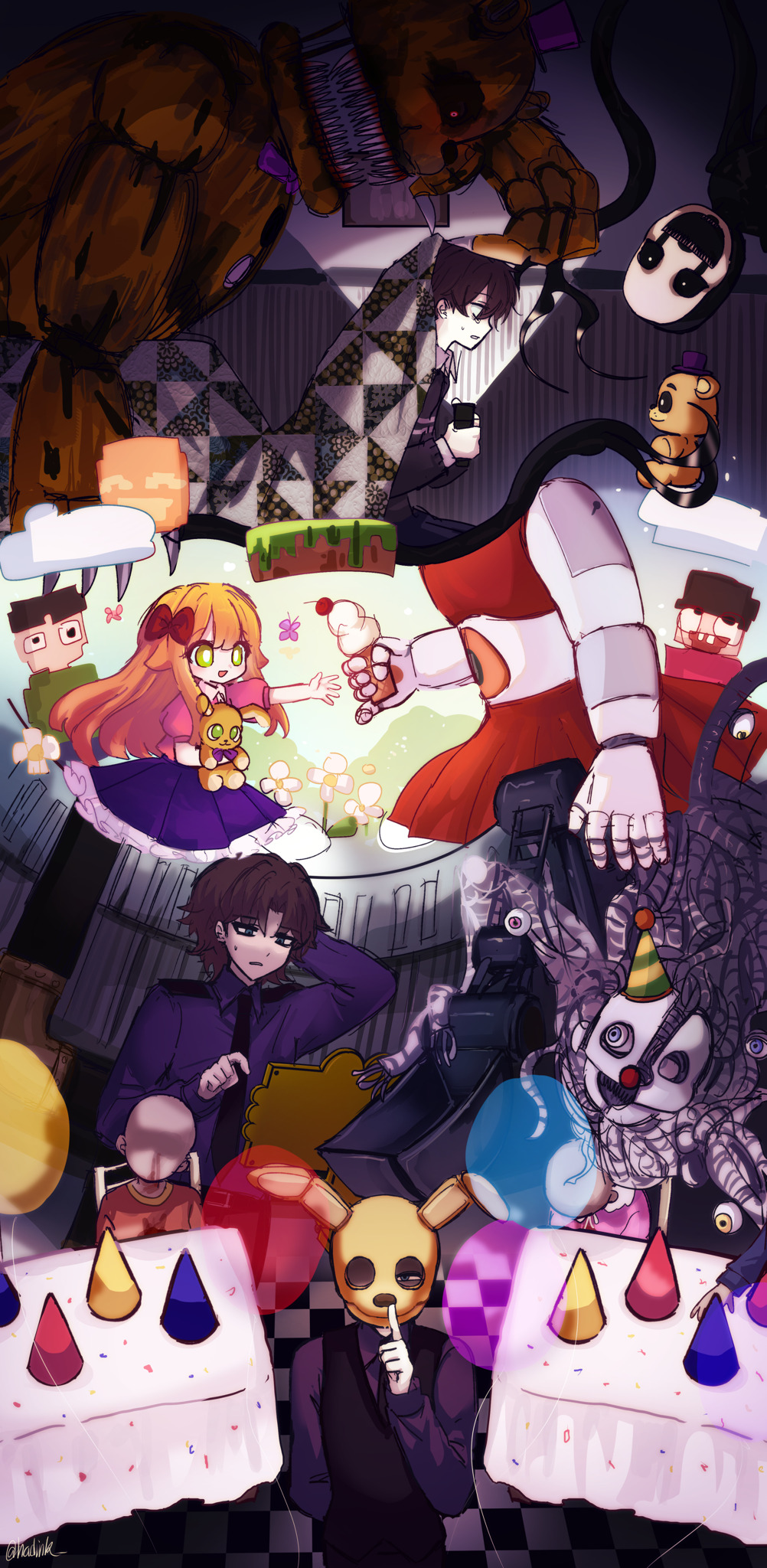 1girl 3boys 6+others :d arm_behind_back arm_behind_head artist_name bad_id bad_tumblr_id balloon bear behind_another black_necktie black_sclera black_vest blood blood_on_teeth blue_eyes bow bowtie bright_pupils brown_hair buck_teeth bug butterfly cable chair character_doll checkered_floor cherry child circus_baby_(fnaf) cloud clown_nose colored_sclera commentary corpse crying_child_(fnaf) dark death doll elevator_shaft elizabeth_afton english_commentary ennard extra_eyes family finger_to_mouth five_nights_at_freddy&#039;s five_nights_at_freddy&#039;s:_sister_location five_nights_at_freddy&#039;s_4 flashlight flashlight_beam floating flower food frayed_cable fredbear_(fnaf) frilled_skirt frills fruit giving green_eyes grey_shirt hair_bow half-closed_eyes hat highres hiji_(hijichan) holding holding_doll holding_flashlight holding_food holding_ice_cream holding_ice_cream_cone horror_(theme) ice_cream ice_cream_cone insect long_hair long_sleeves mask michael_afton mini_hat mini_top_hat monitor multiple_boys multiple_others necktie nightmare_fredbear nightmarionne nosebleed open_mouth orange_hair parted_lips partially_shaded_face party_hat picture_frame pink_eyes pink_shirt pinky_out purple_bow purple_bowtie purple_headwear purple_shirt purple_skirt rabbit_mask reaching red_bow red_eyes red_skirt robot sharp_teeth shirt short_hair short_sleeves shushing sitting skirt smile spoilers spring_bonnie_(fnaf) stuffed_toy sweatdrop table tablecloth teeth tentacles top_hat under_covers upside-down vanilla vest white_flower white_pupils william_afton yellow_eyes