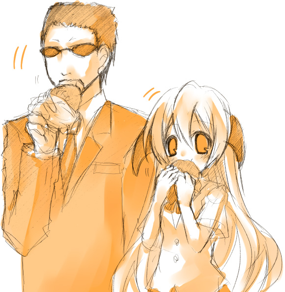 00s 1boy 1girl eating hanyuu higurashi_no_naku_koro_ni kasai_tatsuyoshi long_hair monochrome orange_theme simple_background sketch suzushiro_kurumi very_long_hair white_background