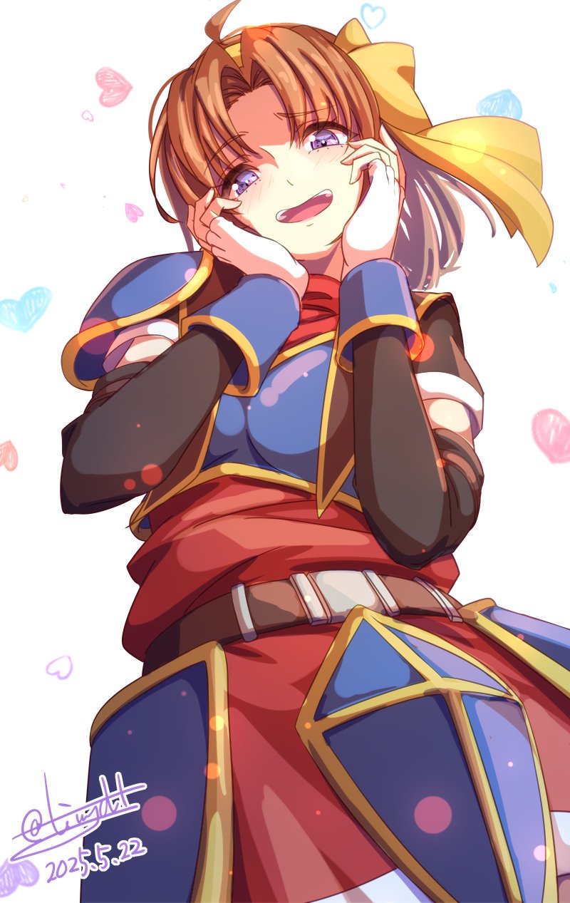 1girl anelace_elfead armor breastplate brown_hair dated eiyuu_densetsu fingerless_gloves gloves hairband heart highres long_sleeves looking_at_viewer open_mouth pauldrons purple_eyes short_hair shoulder_armor signature simple_background single_pauldron skirt smile solo sora_no_kiseki tinybiard twitter_username white_background white_gloves wrist_cuffs