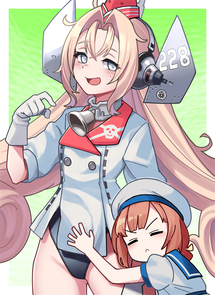 2girls bell black_one-piece_swimsuit blue_sailor_collar blush brown_hair closed_eyes coat collar dress drum_(kancolle) garrison_cap gloves hair_between_eyes hair_ornament hair_rings hat headgear kaiboukan_no._4_(kancolle) kantai_collection long_hair low_twintails metal_collar mizoki_kei multiple_girls neck_bell one-piece_swimsuit open_mouth pink_hair red_hair red_hat ribbon sailor_collar sailor_dress sailor_hat school_uniform short_sleeves skull_print smile star_(symbol) star_hair_ornament star_ornament swimsuit swimsuit_under_clothes twintails very_long_hair white_coat white_dress white_gloves
