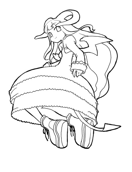 1girl bat_wings demon_tail dress female_focus frills greyscale long_hair longhorn monochrome os-tan shoes sidelocks sketch smile solo tail wings