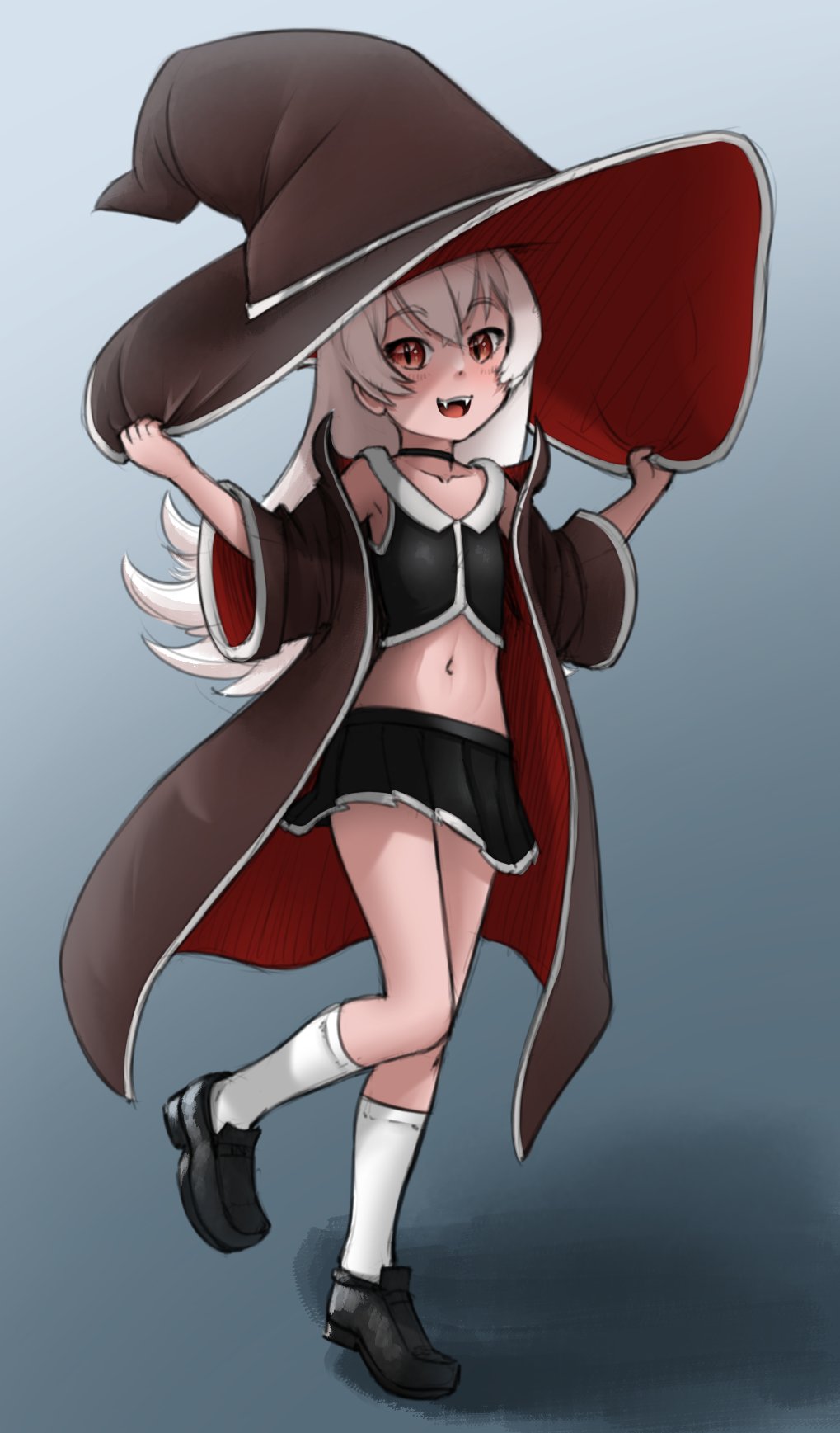 1girl alloyrabbit black_choker choker collarbone commentary english_commentary fangs hand_on_headwear hat highres kneehighs kuroda_toshiko loafers long_hair long_sleeves looking_at_viewer miniskirt navel nicenoms original oversized_hat robe shoes simple_background skirt slit_pupils socks solo standing standing_on_one_leg vampire white_hair white_socks wide_sleeves witch_hat