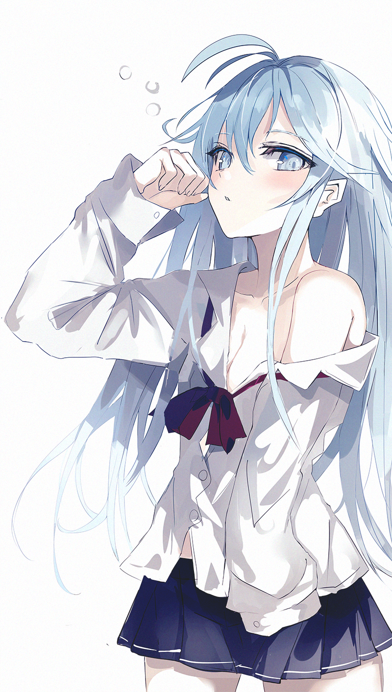 1girl antenna_hair blue_eyes blue_hair blue_skirt breasts cleavage denpa_onna_to_seishun_otoko green_night highres light_blush long_hair long_sleeves looking_at_viewer medium_breasts off_shoulder open_clothes open_shirt pleated_skirt red_ribbon ribbon school_uniform shirt sidelocks simple_background skirt sleepy solo touwa_erio very_long_hair white_background white_shirt