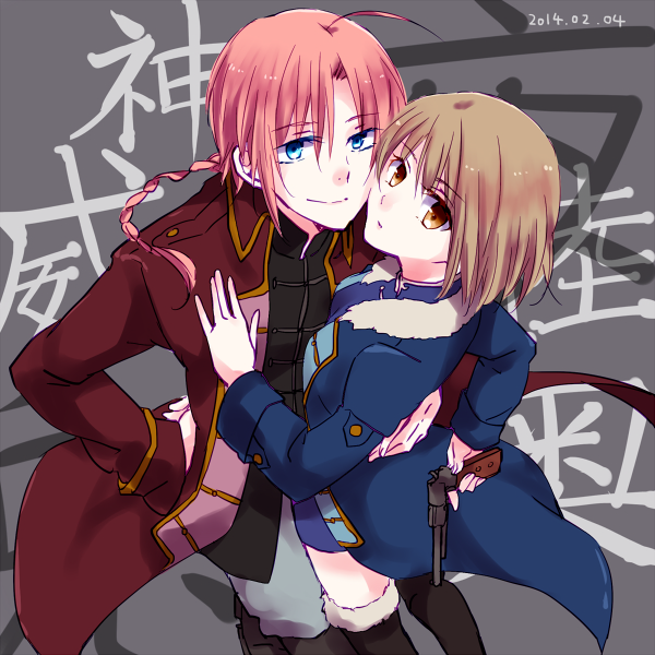 1boy 1girl bad_id bad_pixiv_id black_background black_footwear black_thighhighs blonde_hair blue_eyes boots brown_eyes brown_hair chinese_clothes fur-trimmed_boots fur_collar fur_trim gintama gun jacket kamui_(gintama) long_hair looking_at_viewer mutsu_(gintama) open_clothes open_jacket pink_hair red_jacket short_hair simple_background standing thigh_boots thighhighs very_long_hair weapon