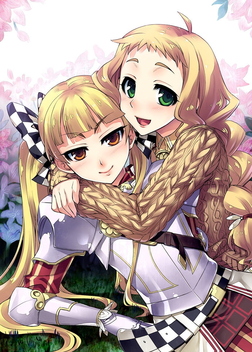 2girls 7th_dragon 7th_dragon_(series) ahoge armor berich_(7th_dragon) blonde_hair blush brown_eyes brown_hair green_eyes happy healer_(7th_dragon) highres hug knight_(7th_dragon) long_hair mol_(7th_dragon) multiple_girls redrop smile sweater twintails yuri