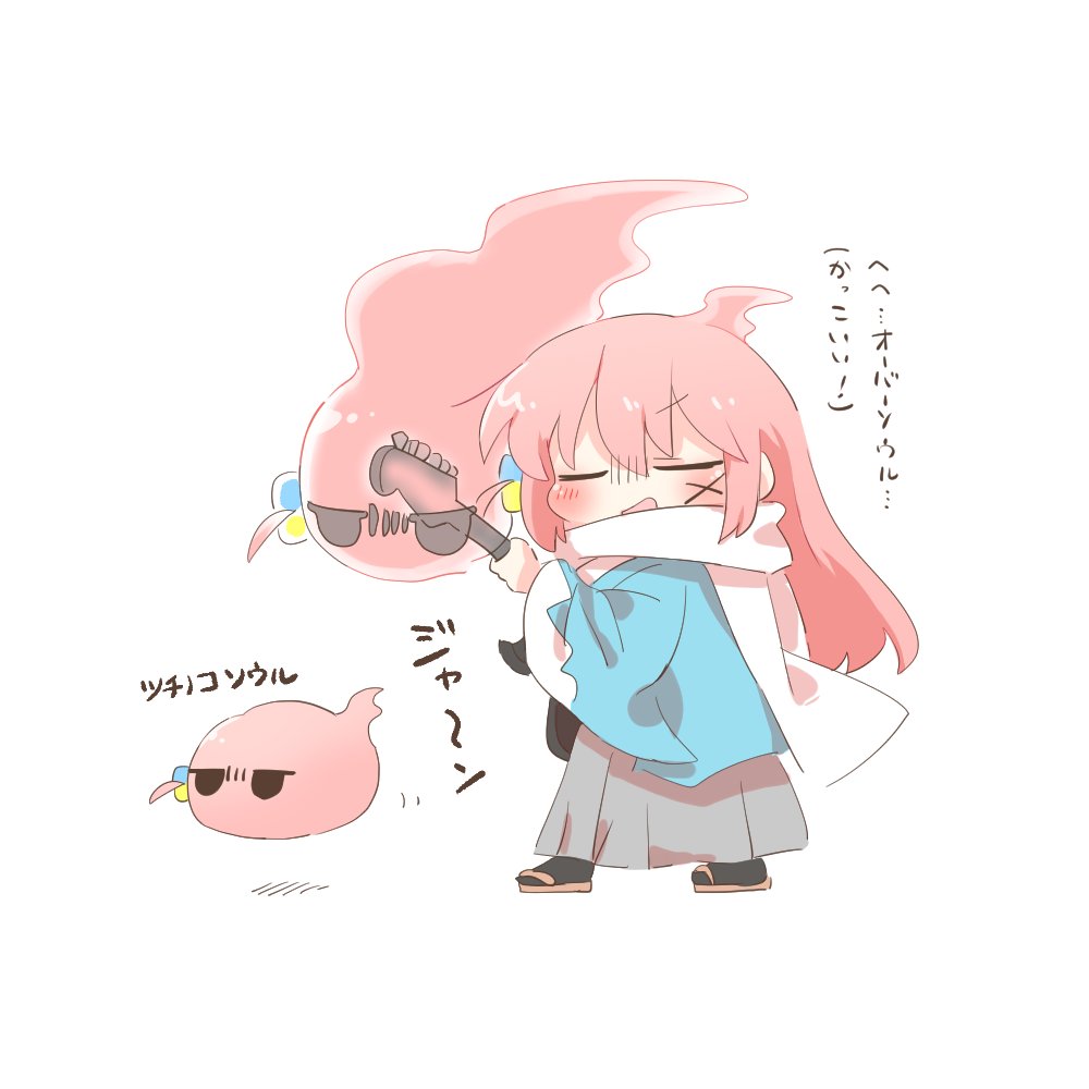 1girl alternate_costume black_socks blue_haori blush bocchi_the_rock! chibi chibi_only closed_eyes facial_mark full_body ghost gotoh_hitori grey_skirt guitar haori holding holding_guitar holding_instrument instrument japanese_clothes long_skirt music open_mouth pink_hair playing_instrument rebecca_(keinelove) sandals shaman skirt socks standing x x_facial_mark
