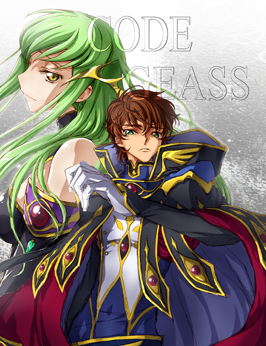 1boy 1girl bare_shoulders brown_hair c.c. c_(rahit) cloak code_geass green_eyes green_hair kururugi_suzaku long_hair military military_uniform rahit short_hair yellow_eyes