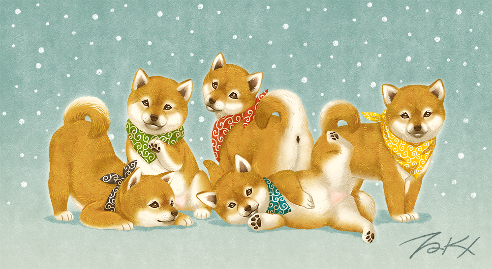 animal aqua_bandana bandana black_bandana dog green_bandana looking_at_viewer no_humans original patterned_clothing red_bandana shiba_inu signature snow takigraphic yellow_bandana