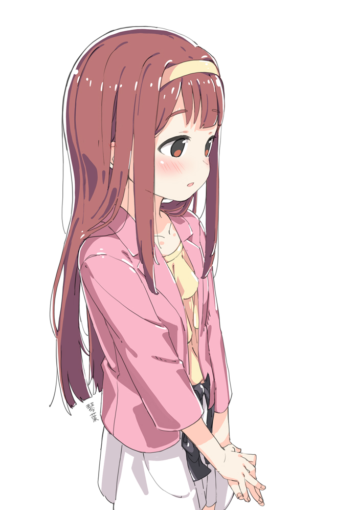 1girl :o black_bow bow bow_skirt collarbone frilled_shirt frills hairband idolmaster idolmaster_million_live! jacket kuresuku_(lessons) long_hair long_sidelocks long_sleeves open_clothes open_jacket open_mouth pink_jacket red_eyes red_hair shirt sidelocks skirt solo tanaka_kotoha very_long_hair white_background white_skirt yellow_hairband yellow_shirt