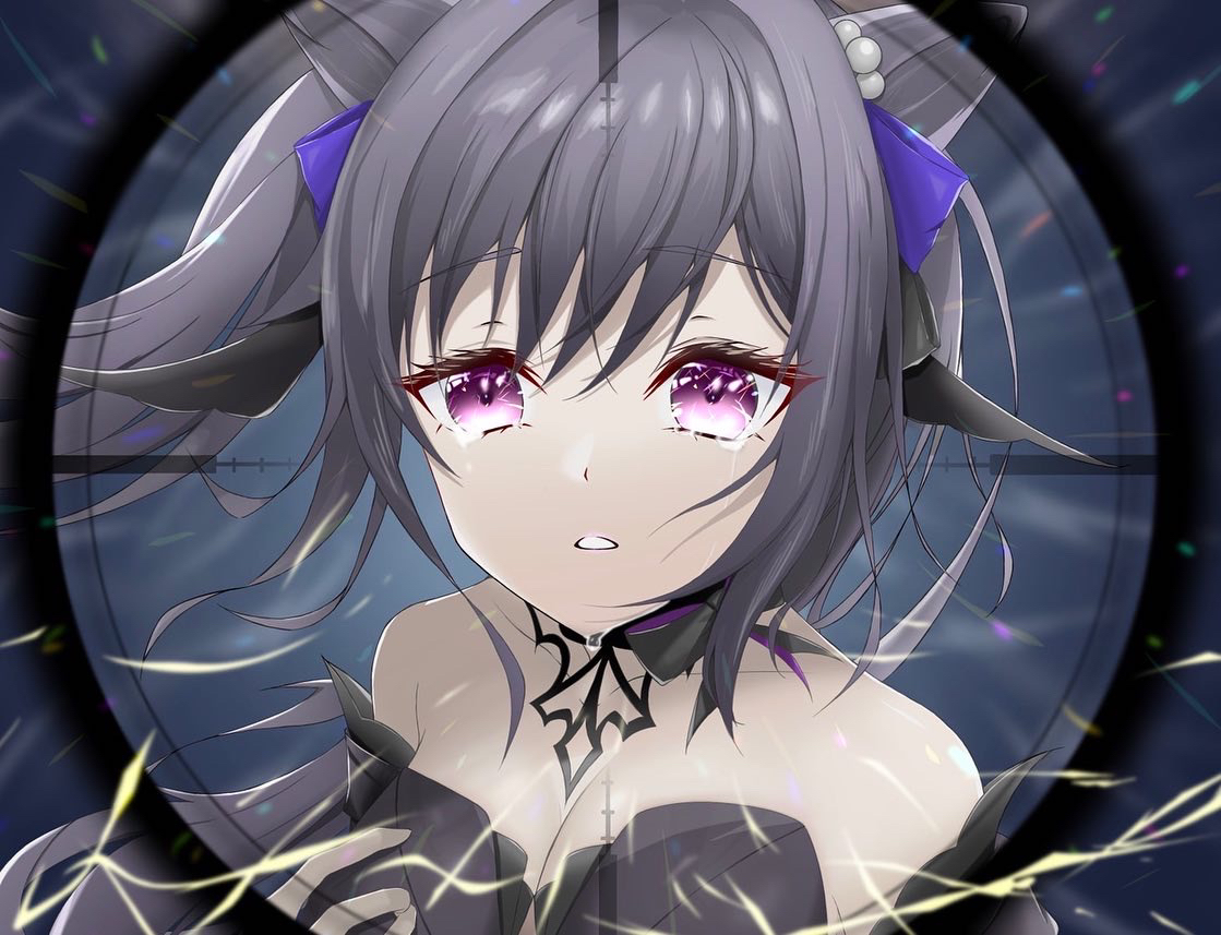 1girl breasts cone_hair_bun crying crying_with_eyes_open double_bun ehzfnqnfkbwxczf genshin_impact gloves hair_between_eyes hair_bun hibana_(vocaloid) keqing_(genshin_impact) keqing_(opulent_splendor)_(genshin_impact) long_hair looking_at_viewer parody purple_hair solo tears twintails