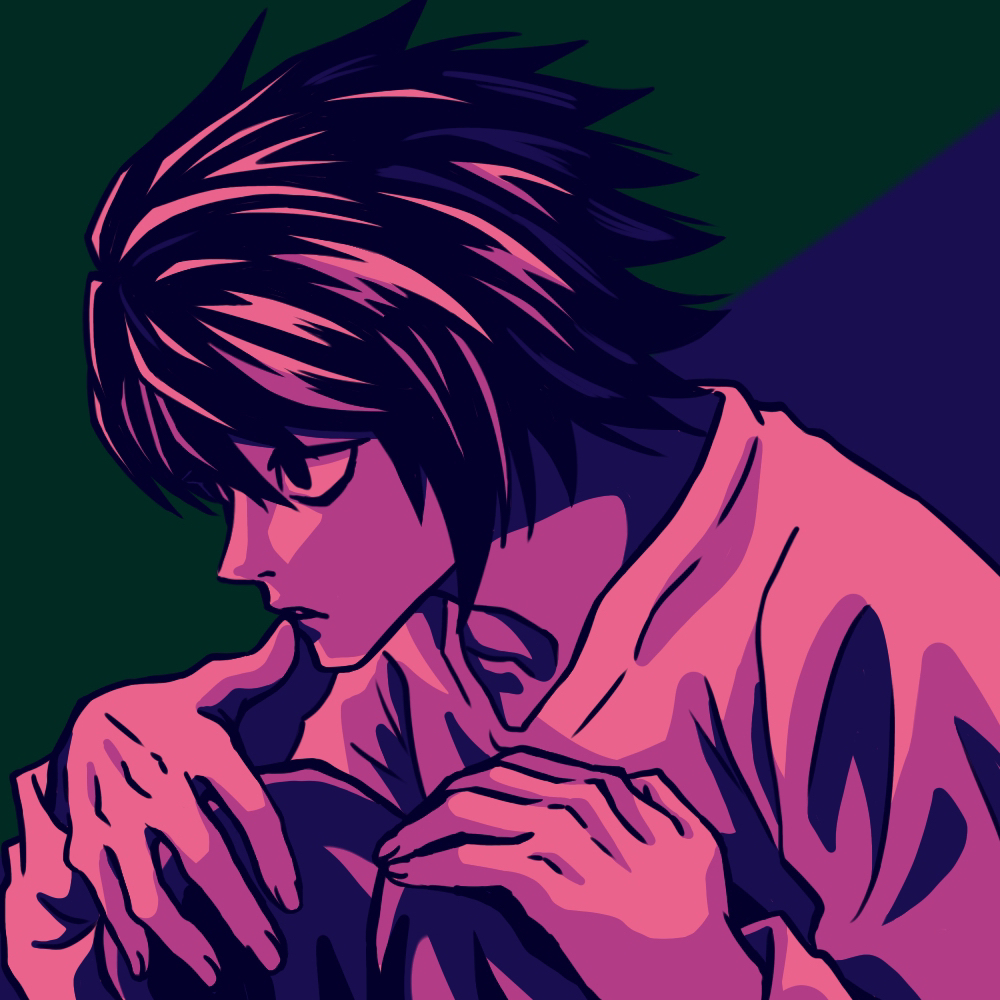 1boy b_lovkl biting black_hair brown_eyes collarbone death_note finger_to_mouth fingernails l_(death_note) nail_biting pale_skin shirt spiked_hair squatting white_shirt