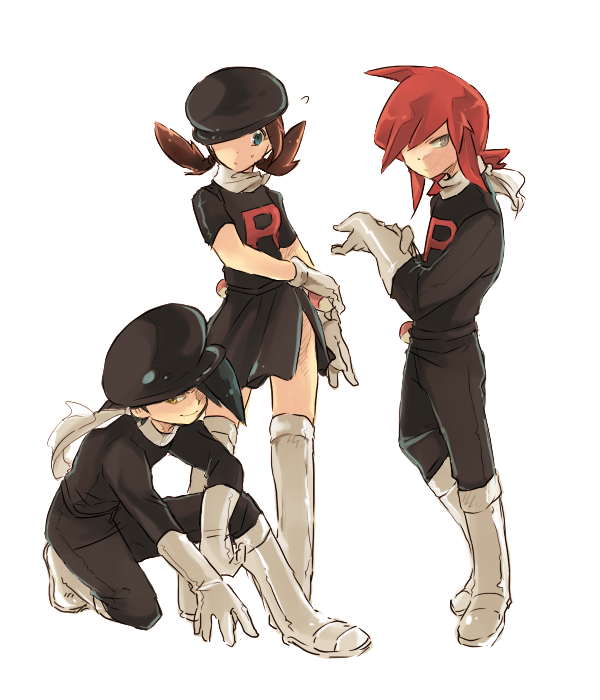 1girl 2boys alternate_costume boots clothes_writing cosplay ethan_(pokemon) gloves goro_nyanko hat knee_boots lyra_(pokemon) miniskirt multiple_boys nintendo poke_ball pokemon pokemon_adventures pokemon_hgss scarf silver_(pokemon) skirt team_rocket team_rocket_(cosplay) team_rocket_uniform thighhighs zettai_ryouiki