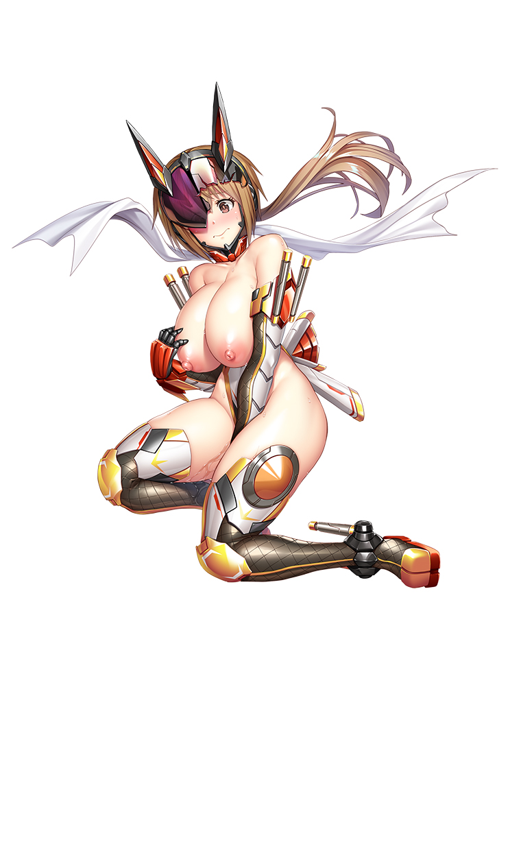 1girl asahi_(fullmetal_madness) blush breasts broken_helmet brown_eyes brown_hair covering_privates full_body gauntlets highres kneeling large_breasts nipples official_art ponytail scarf second-party_source solo taimanin_(series) taimanin_rpgx utashima_mugi white_background white_scarf