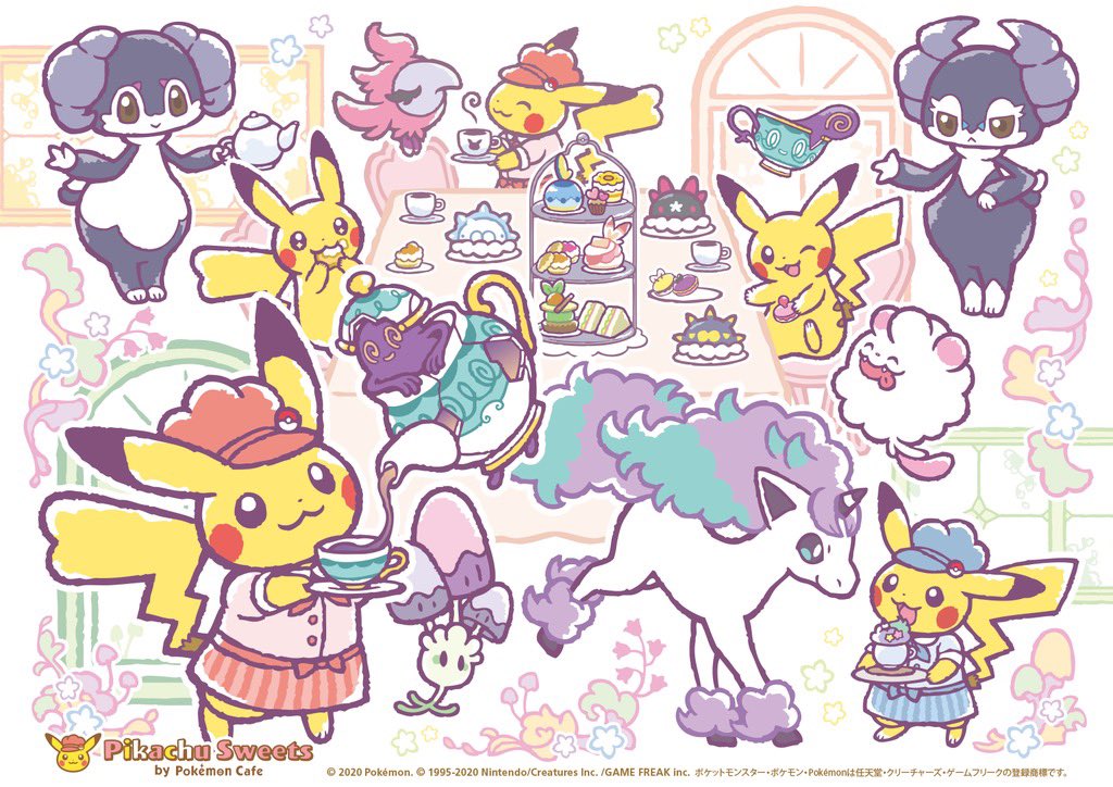 :&gt; :&lt; :3 blue_hat brown_eyes chair character_name closed_mouth clothed_pokemon commentary_request copyright_name copyright_notice cup eating eyelashes fangs floating food galarian_form galarian_ponyta gen_1_pokemon gen_6_pokemon gen_7_pokemon gen_8_pokemon grookey hat heart holding holding_food holding_plate hooves horns indeedee indeedee_(female) indeedee_(male) morelull mushroom nintendo no_humans official_art one_eye_closed open_mouth pikachu pincurchin plate poke_ball poke_ball_(basic) pokemon pokemon_(creature) polteageist pouring pyukumuku red_hat sandwich scorbunny shirt single_horn sinistea sitting smile snom sobble spritzee star_(symbol) swirlix table tail tea teacup teapot tongue tongue_out tsuruta_saya white_shirt window
