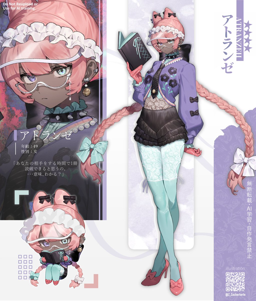1girl aqua_pantyhose black_bow book bow braid chibi closed_mouth dark-skinned_female dark_skin earrings full_body gloves high_heels highres holding holding_book jacket jewelry looking_at_viewer multiple_views original pantyhose pink_gloves pink_hair pink_shoes purple_jacket shoes solo translation_request twin_braids z_zachertorte