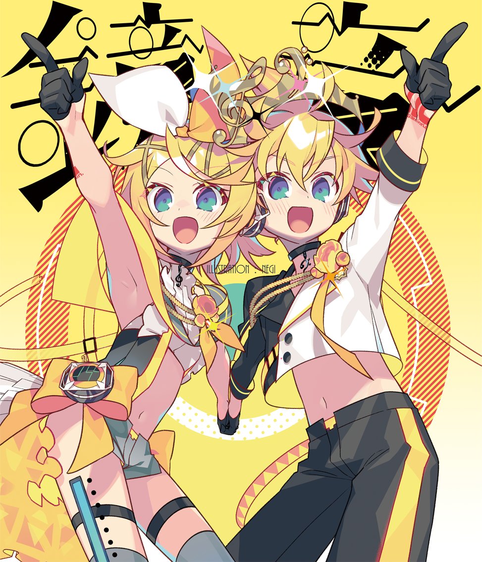 1boy 1girl ahoge arm_up armpits artist_name asymmetrical_clothes bass_clef belt black_gloves black_shorts blonde_hair blush breasts brother_and_sister choker crop_top frilled_shirt frills gloves green_eyes grey_shorts half_gloves headphones holding_hands index_finger_raised kagamine_len kagamine_rin kamina_pose midriff navel negi_(ulog&#039;be) open_mouth outstretched_arm pointing pointing_up shirt short_shorts short_sleeves shorts siblings small_breasts smile treble_clef twins two-tone_shirt vocaloid
