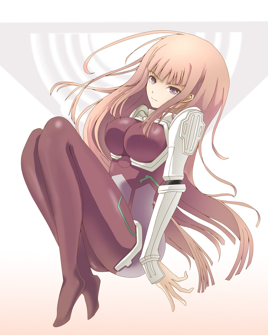 1girl blunt_bangs bodysuit breasts commentary_request expressionless fiction_(forged) unworn_headwear helmet unworn_helmet ken_marinaris large_breasts legs long_hair orange_hair pilot_suit pink_bodysuit purple_eyes skin_tight solo thighs very_long_hair white_background zone_of_the_enders