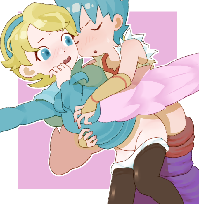 1boy 1girl black_pantyhose blonde_hair blue_eyes blue_hair blue_hairband breath_of_fire breath_of_fire_iv clothes_pull feathered_wings hairband hetero implied_sex nina_(breath_of_fire_iv) no_pussy open_mouth panties panties_over_pantyhose panty_pull pantyhose pantyhose_pull pink_wings ryu_(breath_of_fire_iv) short_hair sicky_(pit-bull) underwear white_panties wings