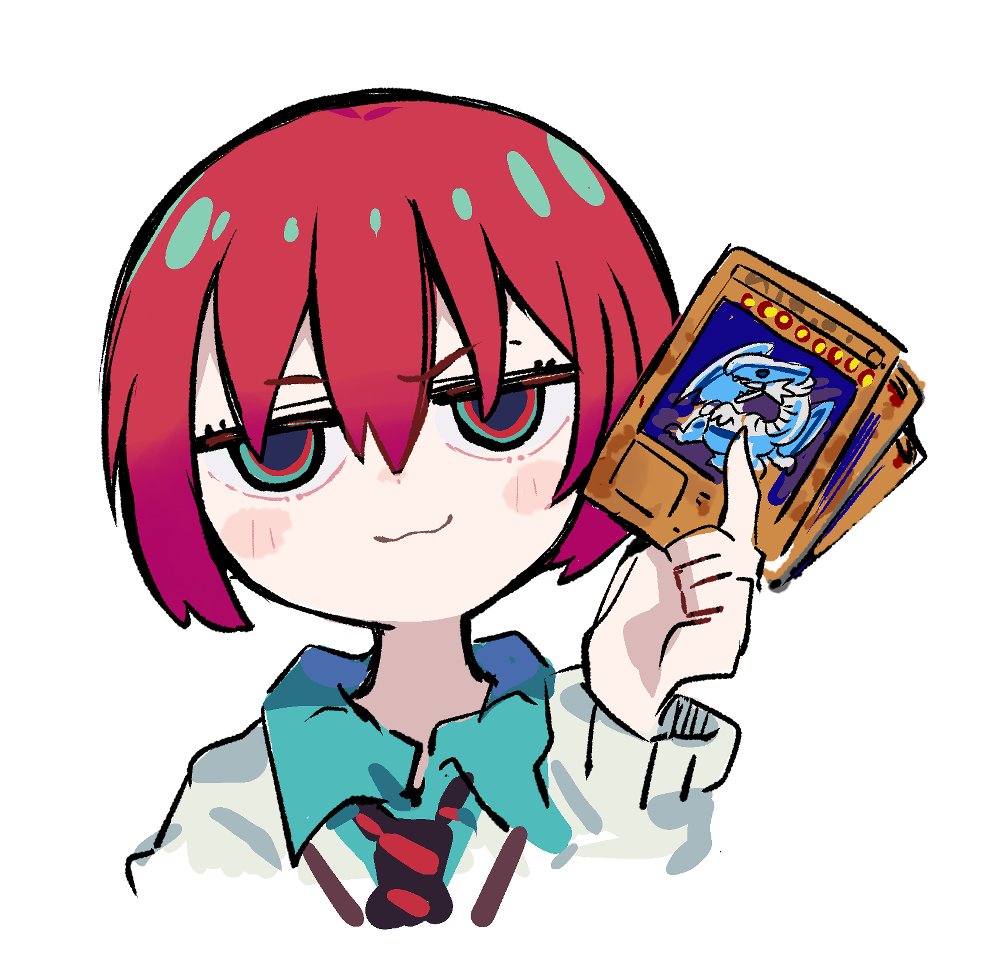 1girl :3 amate_yuzuriha aqua_eyes blue-eyes_white_dragon blue-eyes_white_dragon_(card) blush card closed_mouth dragon_wings duel_monster gundam gundam_gquuuuuux holding holding_card long_sleeves looking_at_viewer necktie red_hair school_uniform shirt short_hair simple_background smile solo sukima_(crie) sweater upper_body white_background wings yu-gi-oh!
