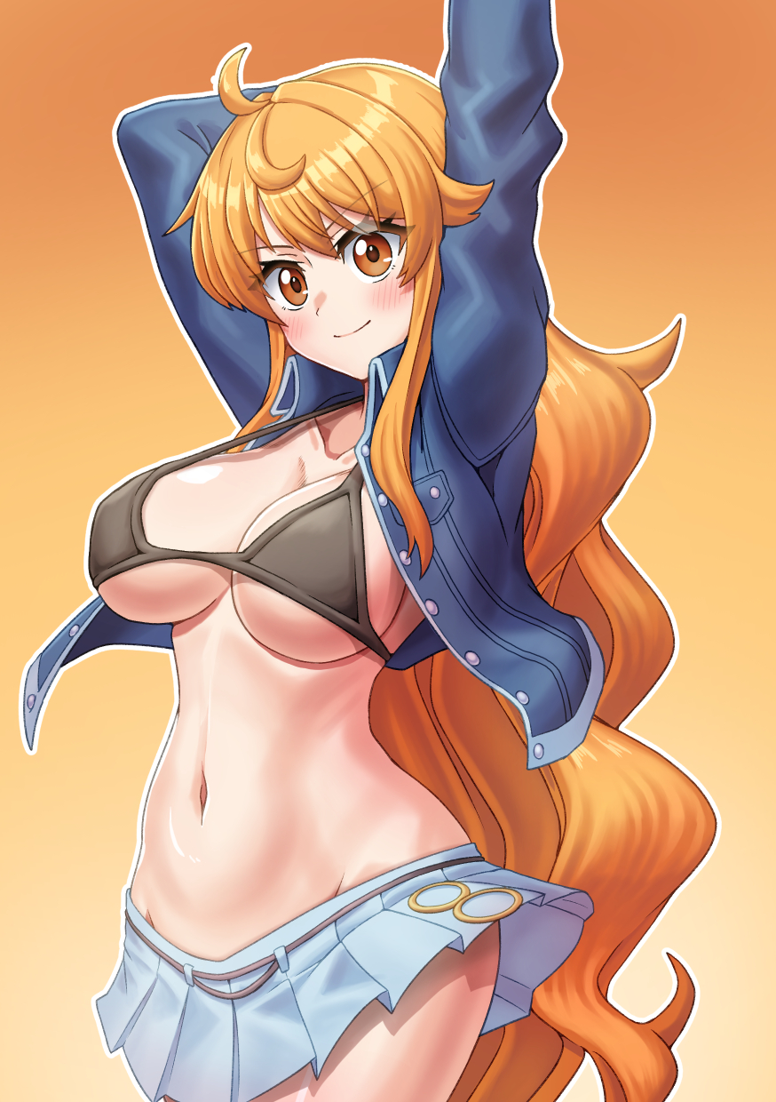 1girl adapted_costume arm_behind_head arm_up black_bra blue_jacket blush bra breasts cleavage closed_mouth collarbone commentary_request cowboy_shot els_(ljhlee12) gradient_background grey_skirt highres jacket korean_commentary large_breasts long_hair miniskirt nami_(one_piece) nami_(one_piece)_(enies_lobby) navel one_piece open_clothes open_jacket orange_background orange_eyes orange_hair outline pleated_skirt sidelocks skirt smile solo stomach strap_gap thighs underboob underwear very_long_hair white_outline