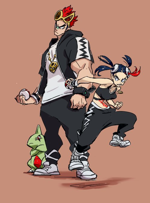 1boy 1girl bad_id bad_twitter_id bandaid bandaid_on_face bandaid_on_nose black_hair cosplay crossover eyewear_on_head gen_2_pokemon guzma_(pokemon) guzma_(pokemon)_(cosplay) gyosone hair_ornament hood hoodie jewelry kill_la_kill kinagase_tsumugu larvitar matoi_ryuuko multicolored_hair muscular necklace nintendo plumeria_(pokemon) plumeria_(pokemon)_(cosplay) poke_ball pokemon pokemon_sm red_hair shoes skull_hair_ornament sneakers stomach_tattoo sunglasses tattoo team_skull team_skull_(cosplay) team_skull_grunt team_skull_grunt_(cosplay) two-tone_hair wristband